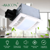 Akicon ceiling-mounted air vent with green leaf graphics and product features on a blurred kitchen background
