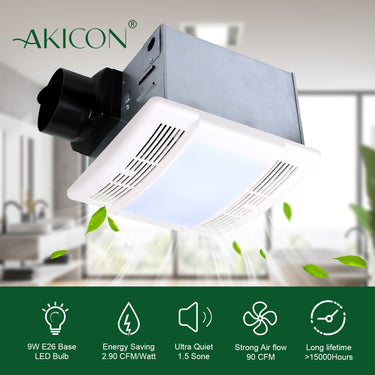 Akicon ceiling-mounted air vent with green leaf graphics and product features on a blurred kitchen background