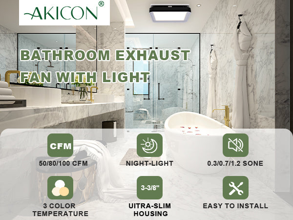 Bathroom exhaust fan with light in a modern bathroom setting, featuring the brand 'Akicon'.