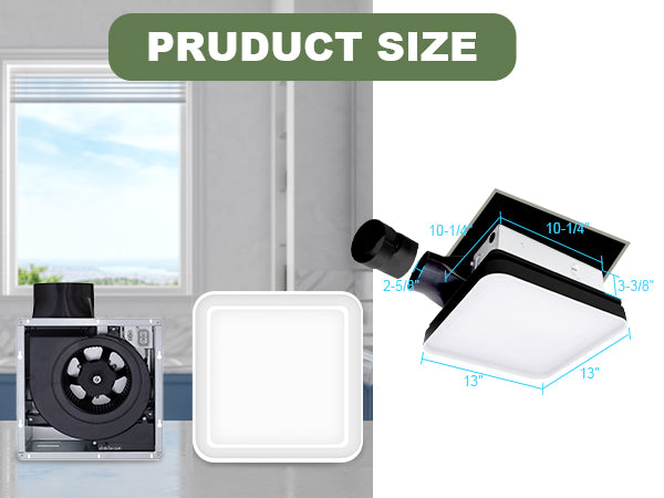 Ceiling fan with measurements and product size label