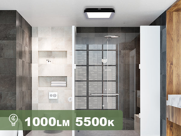 Modern bathroom interior with a shower area and ceiling light fixture, featuring text indicating light output and color temperature.