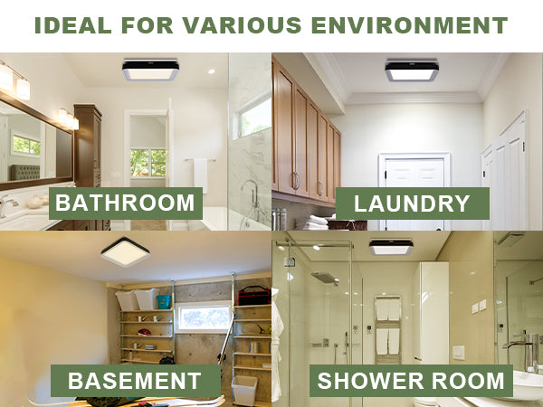 Lighting fixtures in a bathroom, laundry room, basement, and shower room with text indicating their suitability for various environments.