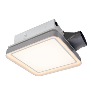 Ceiling-mounted light fixture with a white square light panel and gray housing on a white background