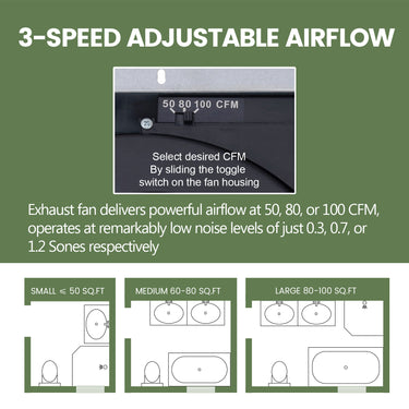 Exhaust fan with 3-speed adjustable airflow feature on a green background