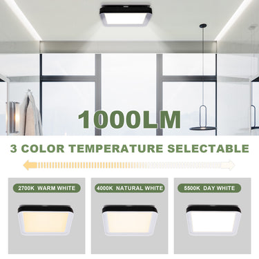 Ceiling light fixture with color temperature options displayed in a room setting.