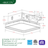 Technical drawing of a ceiling-mounted air conditioning unit with dimensions and certification logos on a white background.