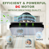Air purifier with text highlighting DC motor efficiency, improved breathing quality, and ability to handle vapour, smoke, mold, and odor.
