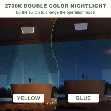 Two views of a room with 2700K double color nightlight, one yellow and one blue.