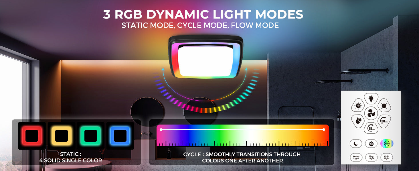 RGB dynamic light modes with control panel and color options displayed.