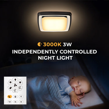 Baby sleeping with a night light above, highlighting the product's features.