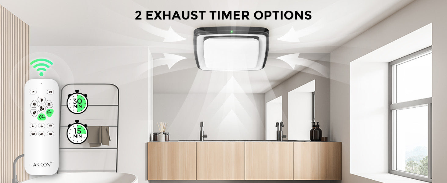 Bathroom with exhaust fan and remote control, featuring 2 exhaust timer options.