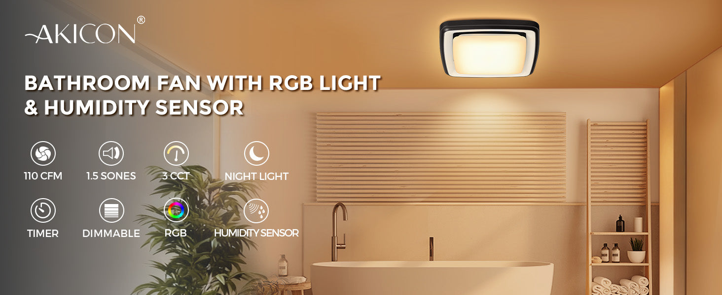 Bathroom fan with RGB light and humidity sensor by Akicon in a bathroom setting.