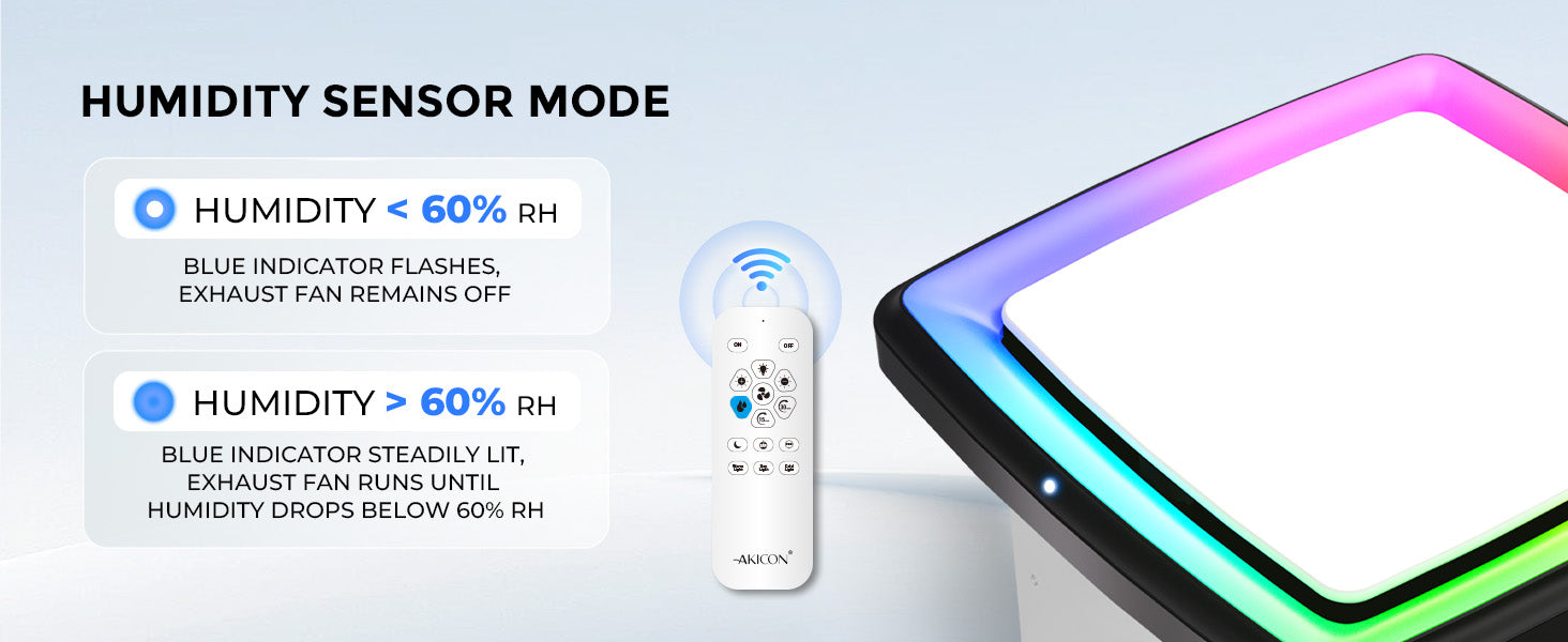 Humidity sensor mode explanation with a device and remote control on a light blue background