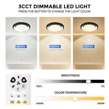 3CCT Dimmable LED Light with color temperature and brightness controls on a white background