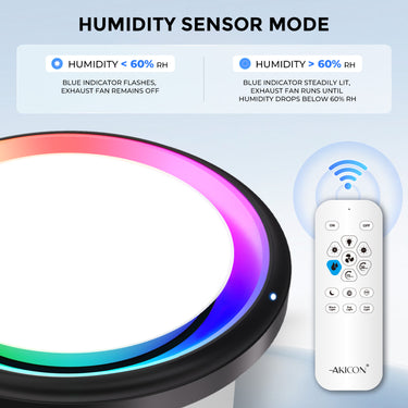 Humidity sensor mode explanation with a round device and remote control on a light blue background.