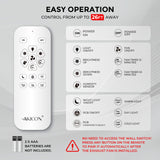 Remote control with labeled functions and Akicon branding on a gray background
