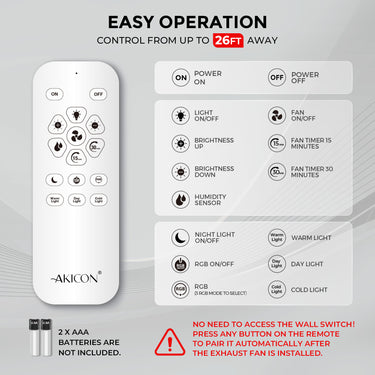 Remote control with labeled functions and Akicon branding on a gray background