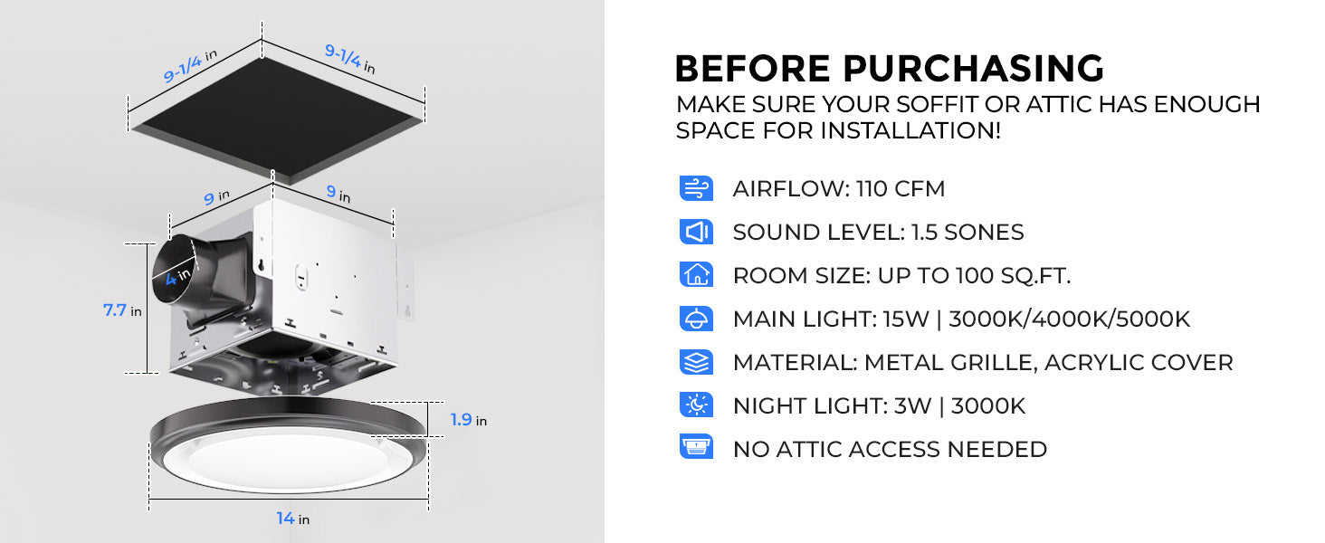 Ceiling fan installation diagram with specifications on a white background