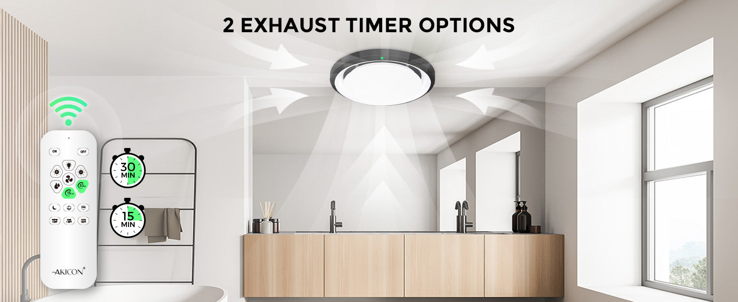 Bathroom with exhaust fan and remote control, featuring 2 exhaust timer options.