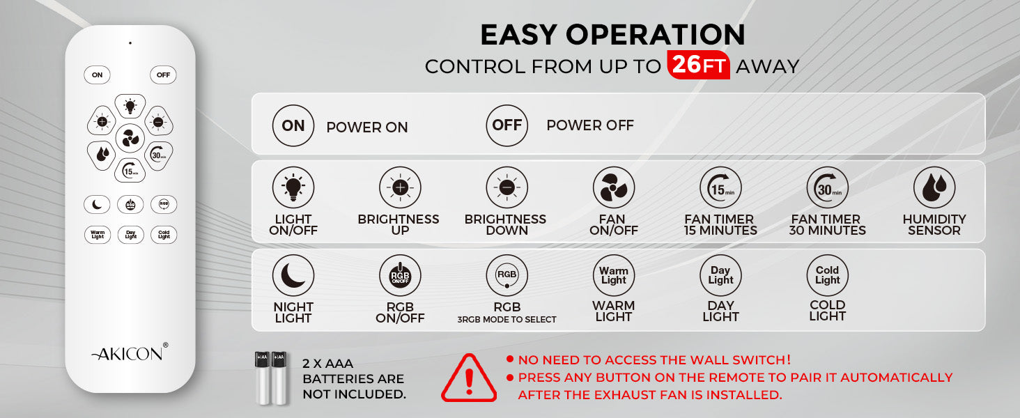 Remote control with battery pack and label for easy operation from up to 26 feet away, featuring the brand 'Akkon'.
