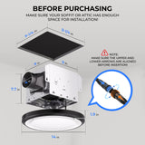 Diagram of a ceiling fan installation with dimensions and warnings on a gray background
