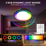 Ceiling light with RGB dynamic light modes in a room setting, featuring a remote control and color options.