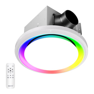 Ceiling light fixture with RGB color-changing ring and remote control on a white background