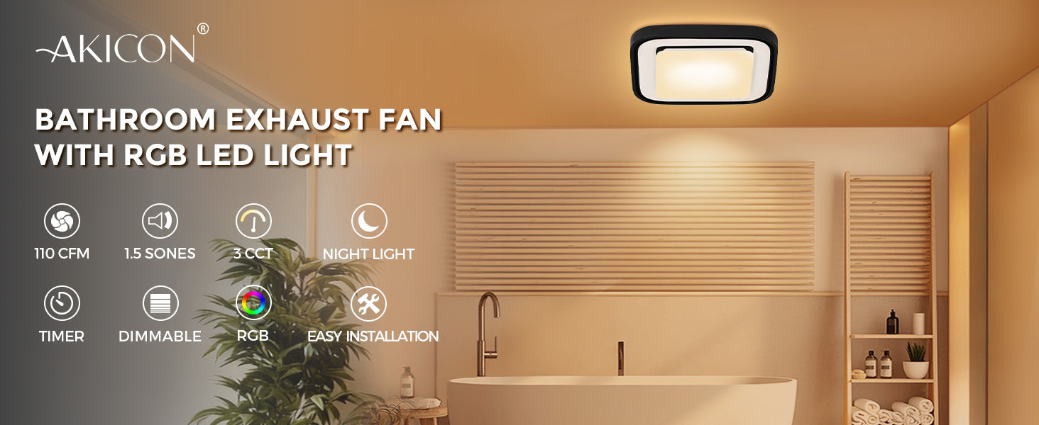 Bathroom exhaust fan with RGB LED light by Akicon in a bathroom setting.