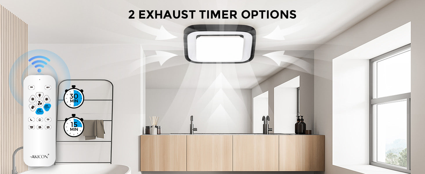 Bathroom with exhaust fan and remote control, featuring 2 exhaust timer options.