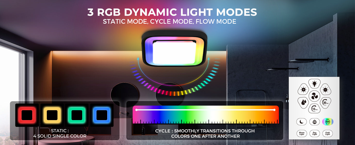 RGB dynamic light modes with control panel and color options displayed.