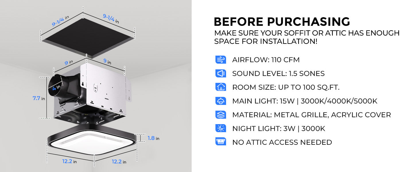 Ventilation system with dimensions and specifications on a white background