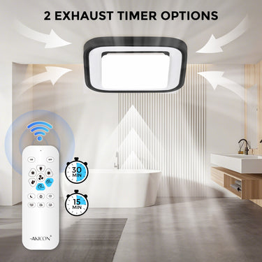 Ceiling exhaust fan with remote control in a bathroom setting