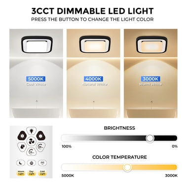 3CCT Dimmable LED Light with color temperature and brightness controls on a white background