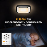 Baby sleeping in a crib with an independently controlled night light above, displaying 3000K 3W text.