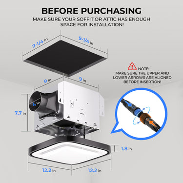 Ceiling fan installation guide with dimensions and warnings on a gray background