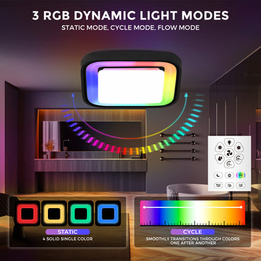 RGB dynamic light modes with a ceiling light fixture and remote control in a room setting.