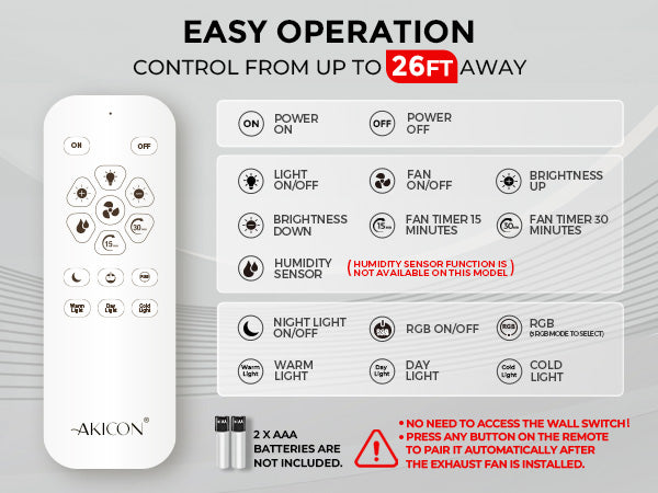 Remote control with label 'AKICON' for easy operation of lighting and fan controls, featuring text about remote control range and features.