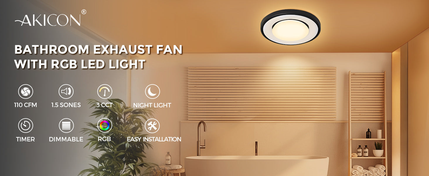 Bathroom exhaust fan with RGB LED light by Akicon, featuring a modern bathroom setting.