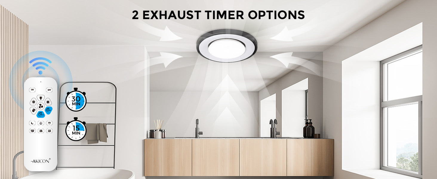Bathroom with exhaust fan and remote control, featuring 2 exhaust timer options.