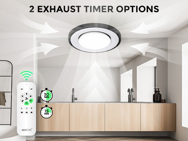 Bathroom with a ceiling light fixture and remote control, highlighting exhaust timer options.
