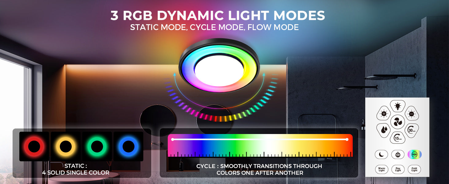 RGB dynamic light modes with control panel and color display in a room setting.