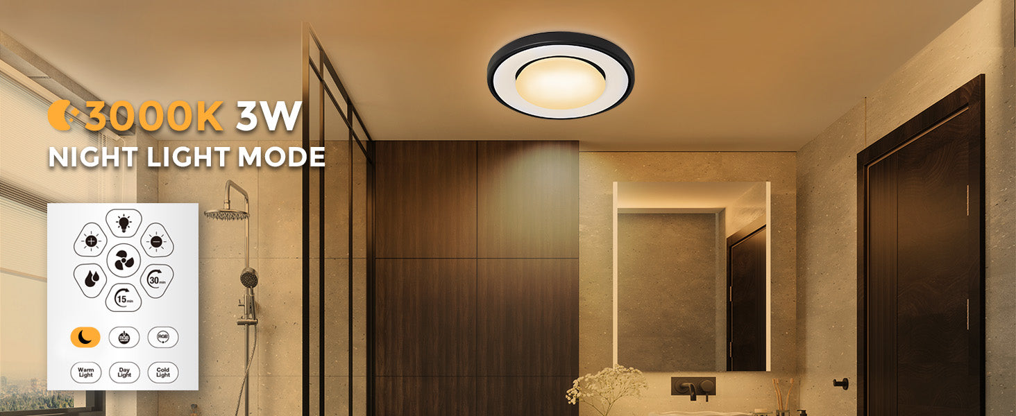 Bathroom with a ceiling light fixture labeled '3000K 3W Night Light Mode' and icons on the left.