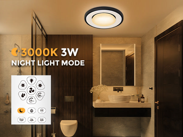 Bathroom with a ceiling light labeled '3000K 3W Night Light Mode' and night light mode icon.