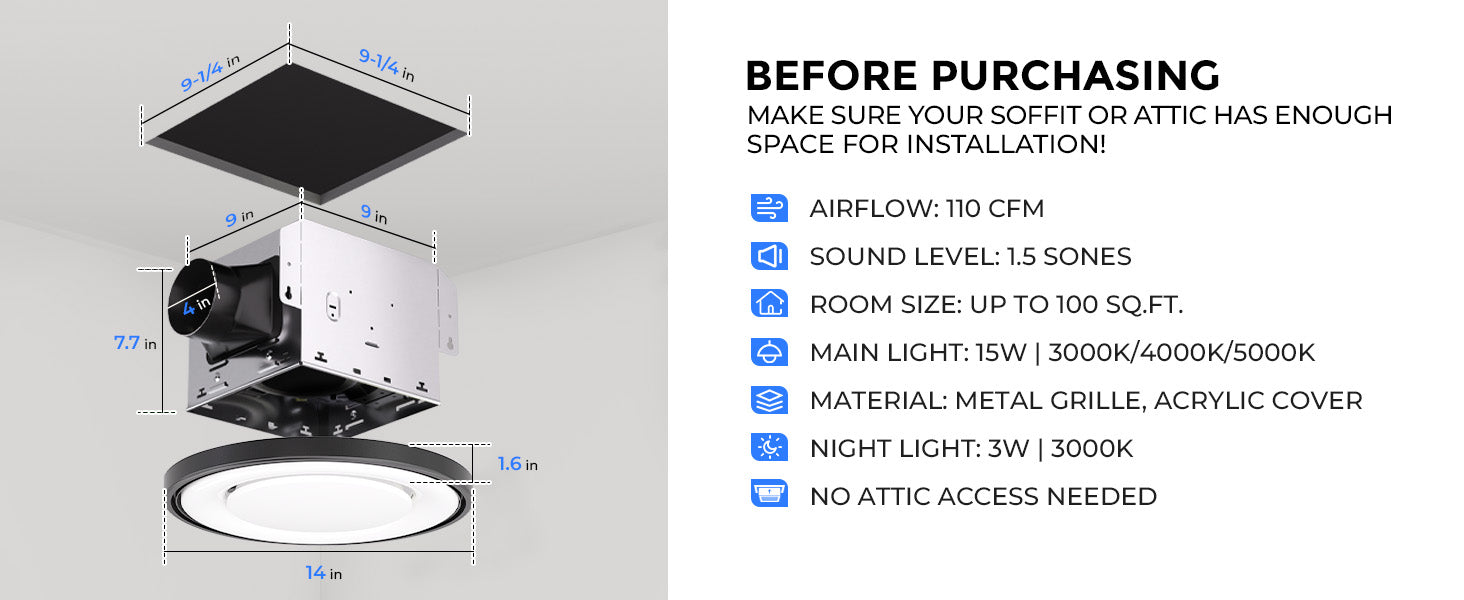Ceiling light fixture with dimensions and specifications on a white background