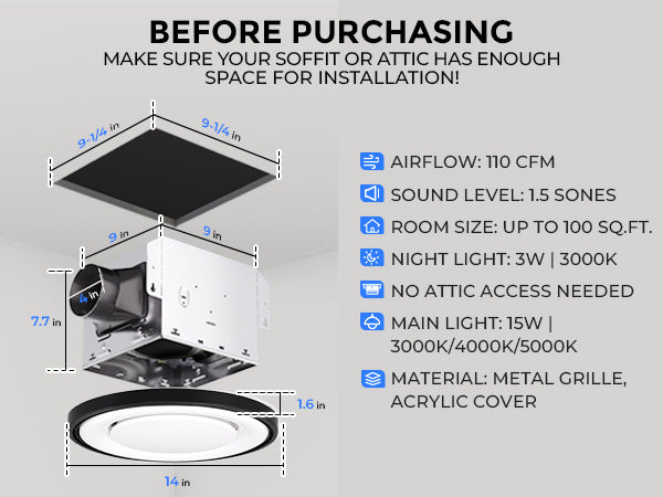 Ventilation system with dimensions and specifications on a gray background