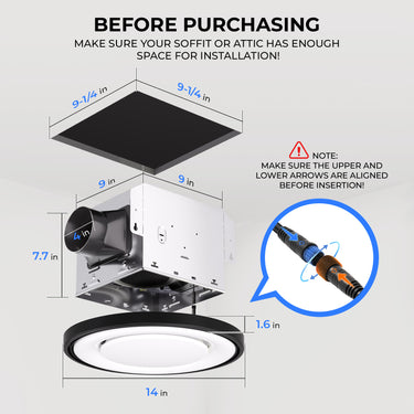 Measurement guide for installing a ceiling exhaust fan with dimensions and installation tips.