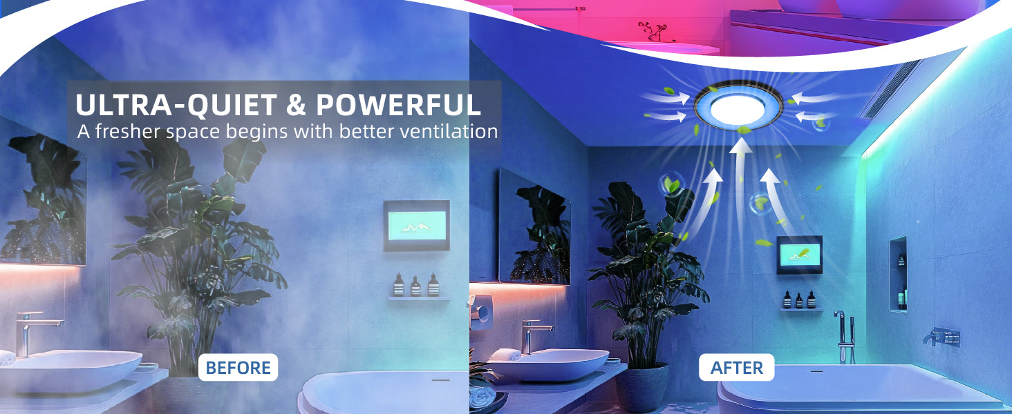 Bathroom transformation from 'Before' to 'After' with improved ventilation system.