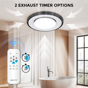 Ceiling light fixture with remote control and timer display in a bathroom setting