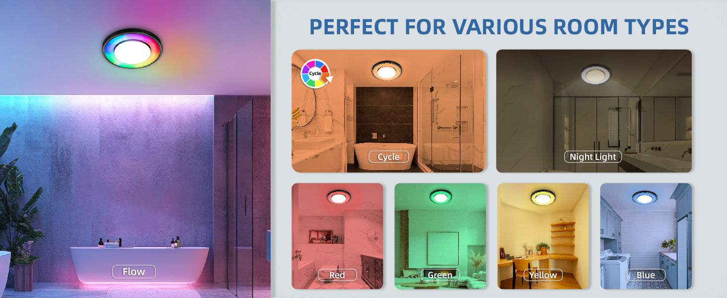 LED light fixture with color-changing capabilities shown in various room settings.