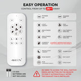 Remote control with various functions for an exhaust fan, featuring the brand 'Akicon'.